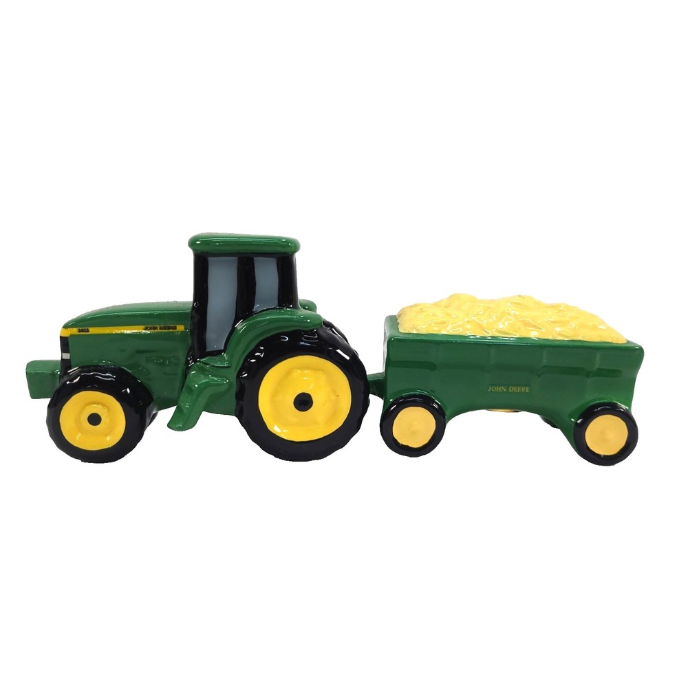 Vintage John Deere Tractor Hay Trailer Salt Pepper Shakers Porcelain/Ceramic